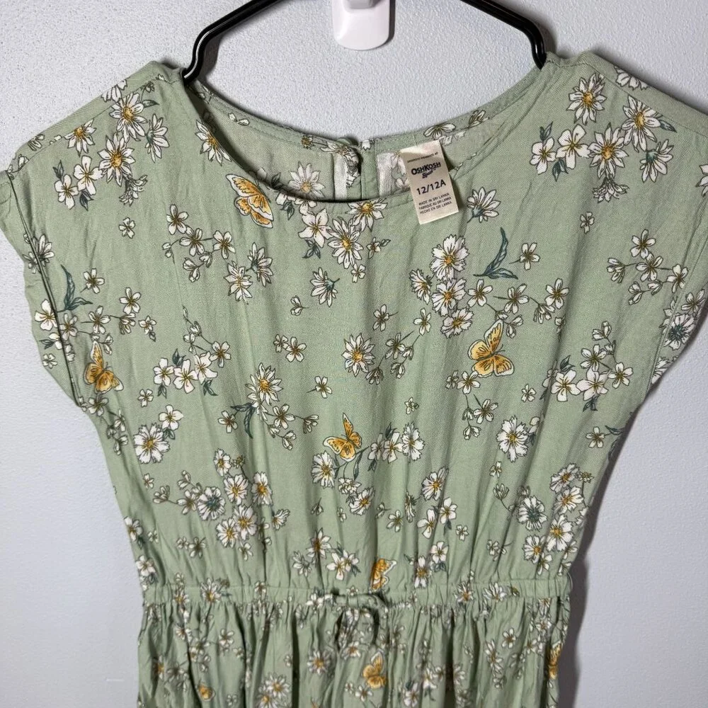 Oshkosh B'Gosh Girls Floral Dress Size 12 Green Short Sleeve Stretchy Cute Girly